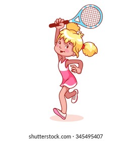 Very happy girl running triumphantly raising his arm up with a tennis racket . Vector cartoon character on a white background.  Blond girl in pink sport dress. Cartoon girl playing tennis. 