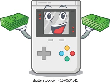 Very happy handheld game Scroll character with money on hands
