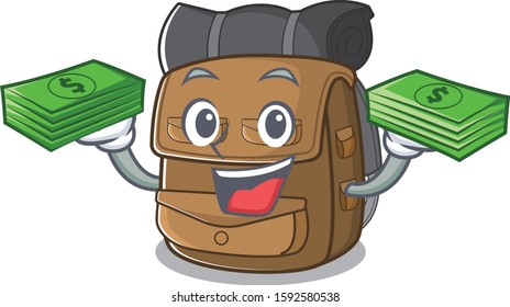 Very happy hiking backpack Scroll character with money on hands