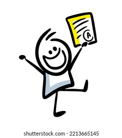 Very happy kid with paper test and the best mark. Vector illustration of school student.