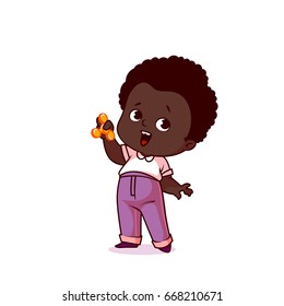 A Very happy little kid with the spinner. Funny cartoon character. Vector illustration isolated on a white background.