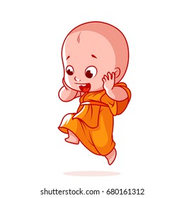 Very happy little monk is jumping. Cute cartoon character. Vector cartoon illustration on a white background.