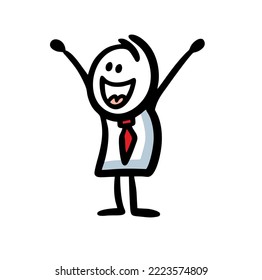 Very happy office character raises hands up in great emotions. Vector illustration of man in costume and tie in good mood.