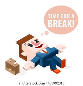 Very Happy Relaxed Cartoon Businessman on White Background. Business Concept. Isolated Vector Elements.