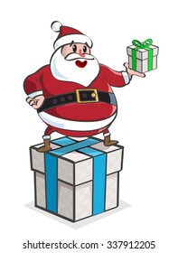 Very Happy Santa Claus Cartoon with a Present on a Gift. Isolated Vector Elements. White Background.