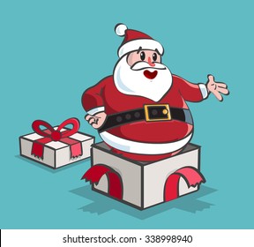 Very Happy Santa Claus Cartoon with a Present in a Gift. Isolated Vector Elements. White Background.