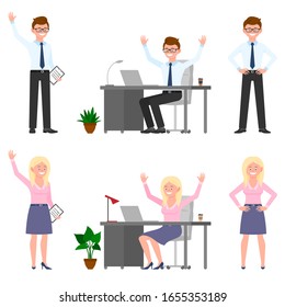Very happy, smiling eyeglasses office man and woman vector illustration. Standing side, front view, waving hello, hands on hips male and female cartoon character set