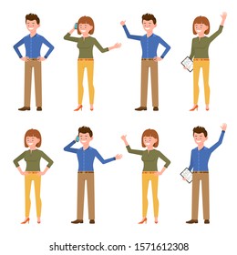 Very happy, smiling office guy and lady vector illustration. Standing side view, talking on phone, waving hello, showing thumbs up male and female cartoon character set