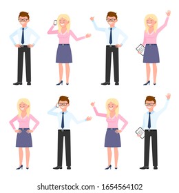 Very happy, smiling office guy and lady vector illustration. Standing side view, talking on phone, waving hello, showing thumbs up eyeglasses male and blonde female cartoon character set