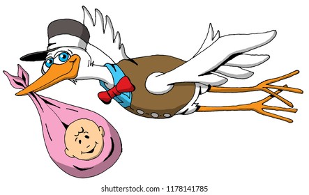 A Very Happy Stork on His Way to Deliver a Baby