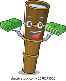 Very happy telescope Scroll character with money on hands