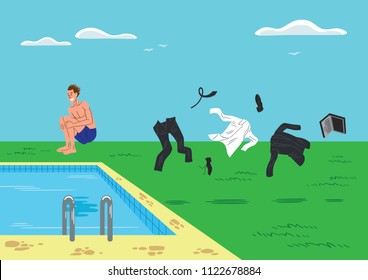 Very happy young man wearing swimwear and jumping into a pool after taking off his work clothes and throwing it away