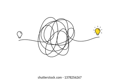 very hard thinking of inspiration idea through a complicated way illustration. light bulb off to on with messy line symbol. tangled scribble line vector path doodle design.