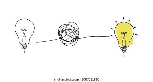 Very hard thinking of inspiration idea through a complicated way illustration. light bulb off to on with messy line symbol. tangled scribble line vector path doodle design.