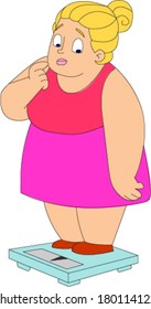 Very heavy woman weighing herself and looking dismayed 
