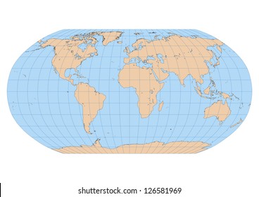 Very high detailed map of the world in Robinson projection with graticule. Centered in Europe and Africa