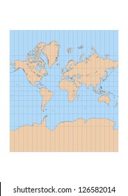 Very high detailed map of the world in Mercator projection with graticule. Centered in Europe and Africa