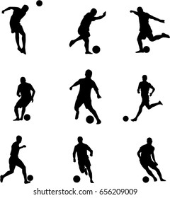 Very high quality detailed set of soccer football players silhouette cutout outlines.