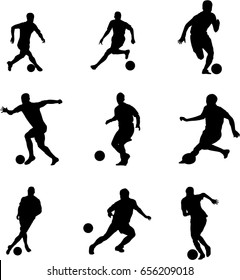Very high quality detailed set of soccer football players silhouette cutout outlines.