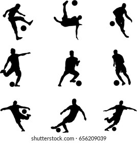 Very high quality detailed set of soccer football players silhouette cutout outlines.