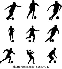 Very high quality detailed set of soccer football players silhouette cutout outlines.