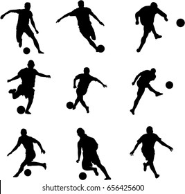 Very high quality detailed set of soccer football players silhouette cutout outlines.