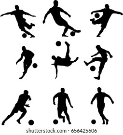 Very high quality detailed set of soccer football players silhouette cutout outlines.