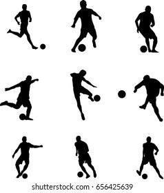 Very high quality detailed set of soccer football players silhouette cutout outlines.