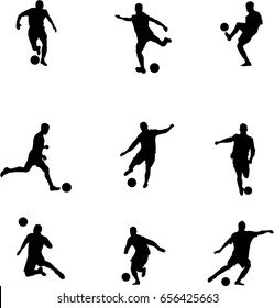 Very high quality detailed set of soccer football players silhouette cutout outlines.