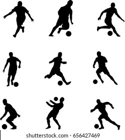 Very high quality detailed set of soccer football players silhouette cutout outlines.