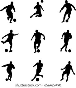 Very high quality detailed set of soccer football players silhouette cutout outlines.