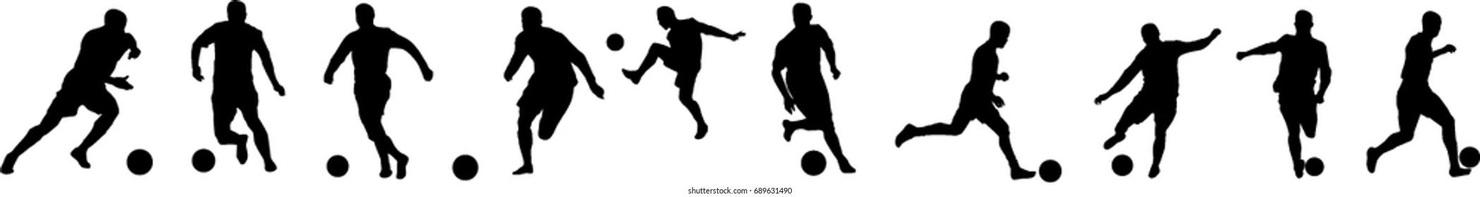 Very high quality detailed set of soccer football players silhouette cutout outlines.