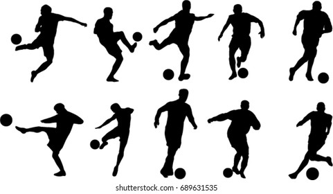 Very high quality detailed set of soccer football players silhouette cutout outlines.