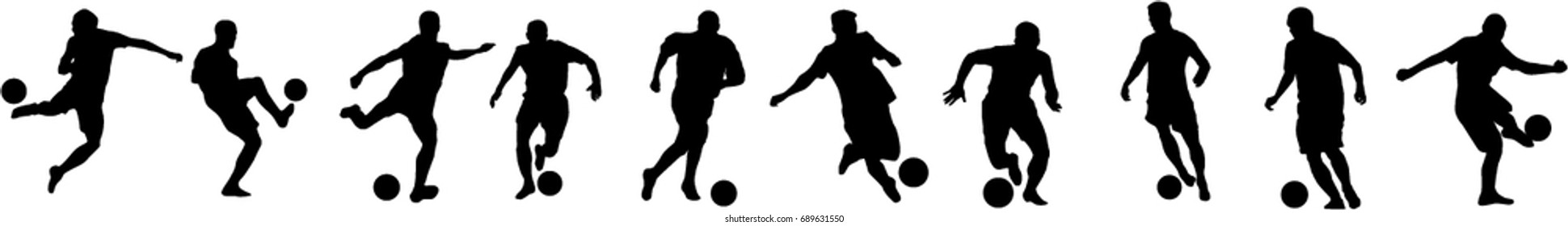 Very high quality detailed set of soccer football players silhouette cutout outlines.