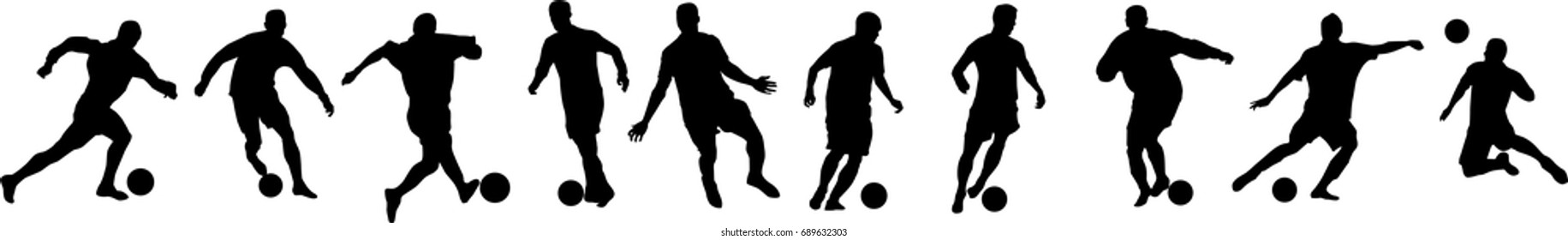 Very high quality detailed set of soccer football players silhouette cutout outlines.