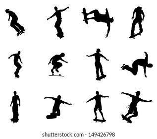 Very high quality and highly detailed skating skateboarder silhouette outlines. 