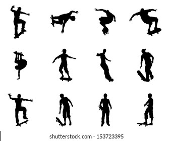 Very high quality and highly detailed skating skateboarder silhouette outlines. Skateboarders performing lots of tricks on their boards.