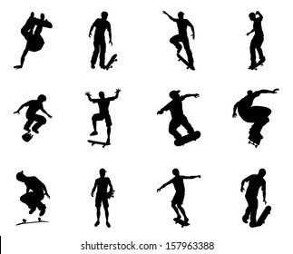 Very high quality and highly detailed skating skateboarder silhouette outlines. Skateboarders performing lots of tricks on their boards.