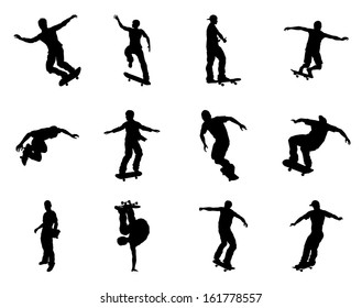 Very high quality and highly detailed skating skateboarder silhouette outlines. Skateboarders performing lots of tricks on their boards.