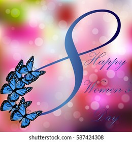 Very high quality origanal trendy vector illustration of 8 March International Women Day Greeting Card With Butterfly on colorful background