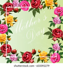 Very high quality original floral design of happy Mother's Day greeting card or template. roses in frame.