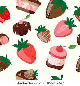 Very high quality original trendy seamless pattern with a strawberry in chocolate and cake 