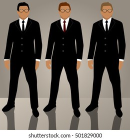 Very high quality original trendy vector set of man in suit with tie, glasses, jacket and different hair color and nationality with realistic reflection on a floor