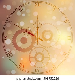 Very high quality original trendy vector antique clock face with roman numbers and vintage pointer isolated on blured boke backkround