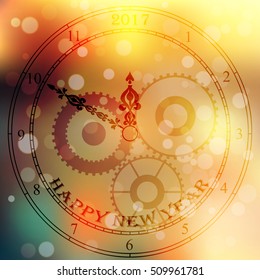 Very high quality original trendy vector antique clock face with numbers and vintage pointer isolated on blured boke background, happy new 2017 year