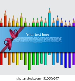Very high quality original trendy realistic vector set of colored pencils in all rainbow colors with banner, realistic ribbon and place for text