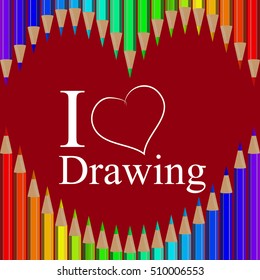Very high quality original trendy realistic vector set of colored pencils in all rainbow colors with heart i love drawing 