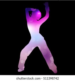 Very high quality original trendy vector illustration of a dancing girl with colorful spots and splashes