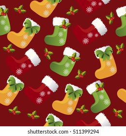 Very high quality original trendy vector seamless pattern with green christmas sock or boot with snowflakes, fur and holly