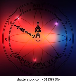 Very high quality original trendy vector antique clock face with numbers and vintage pointer isolated on blured boke background, happy new 2017 year